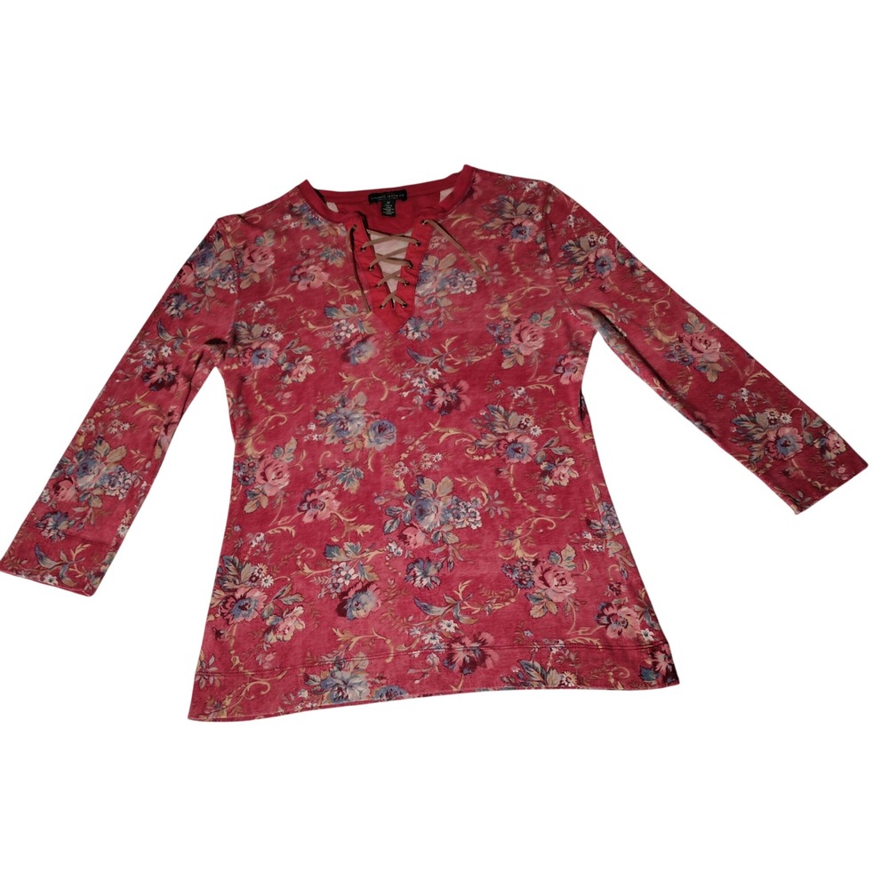 Lauren Jeans Co Ralph Lauren Red Floral Lace Up Long Sleeve Cotton Top Womens M